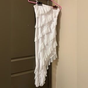 New White Ruffled Strapless Asymmetrical Dress